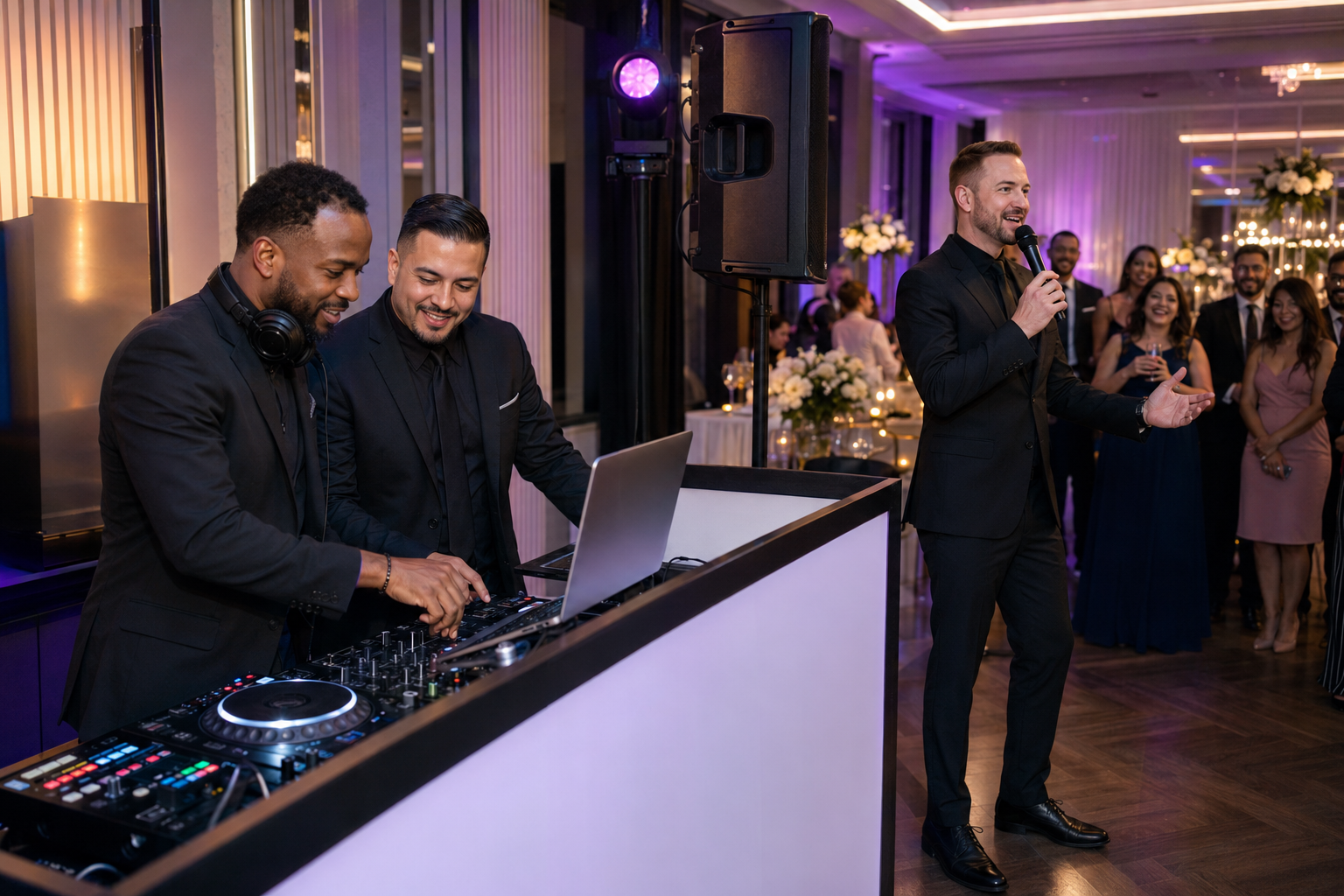 Enjoy Yourself Entertainment DJ and MC employees working together at a diverse celebration