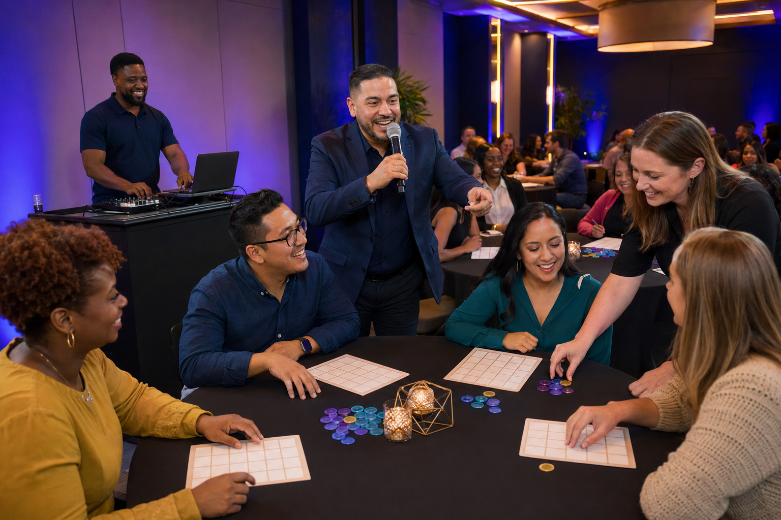 Enjoy Yourself Entertainment team hosting music bingo for an engaged group