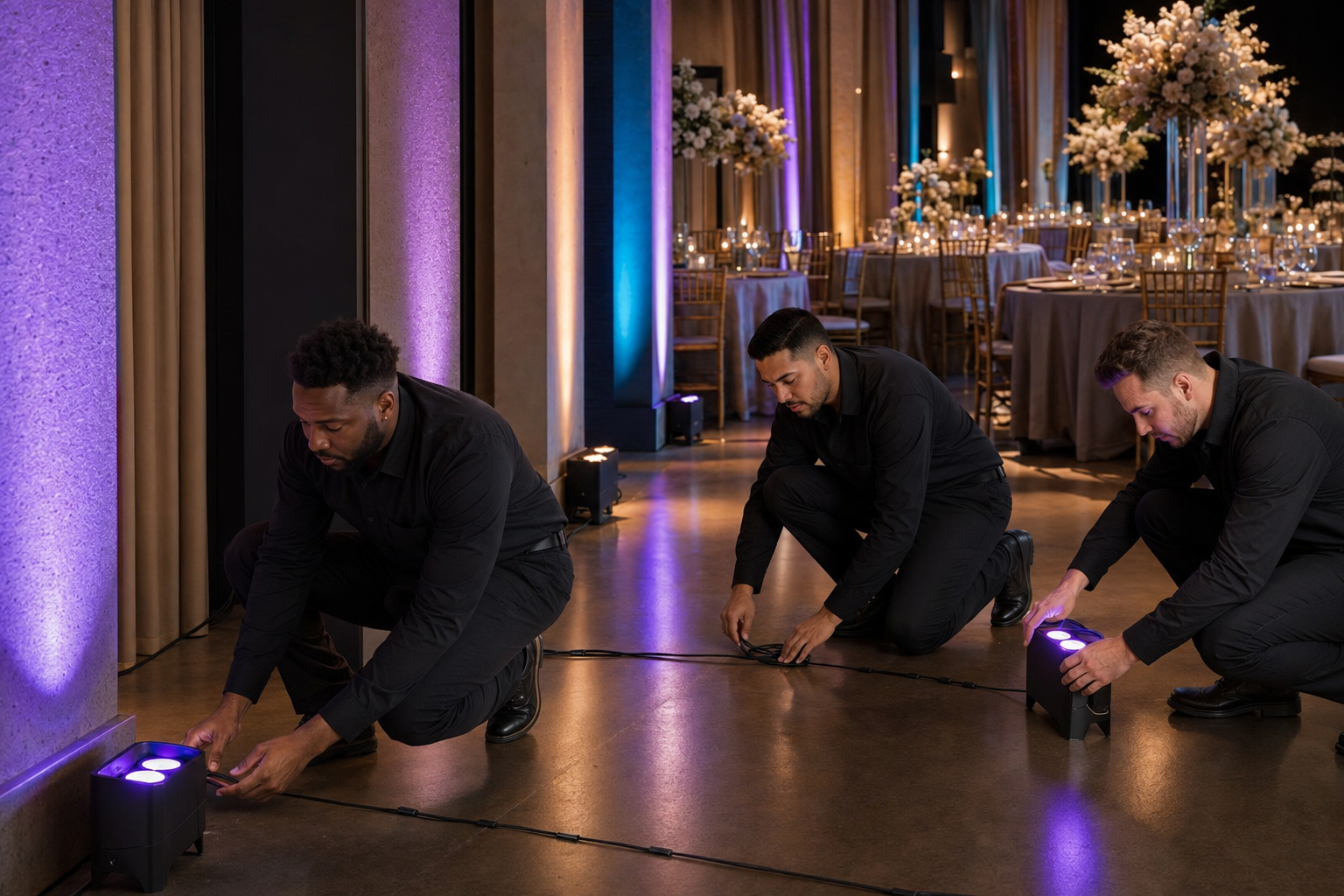 Enjoy Yourself Entertainment lighting team adjusting purple and gold uplighting in an event venue
