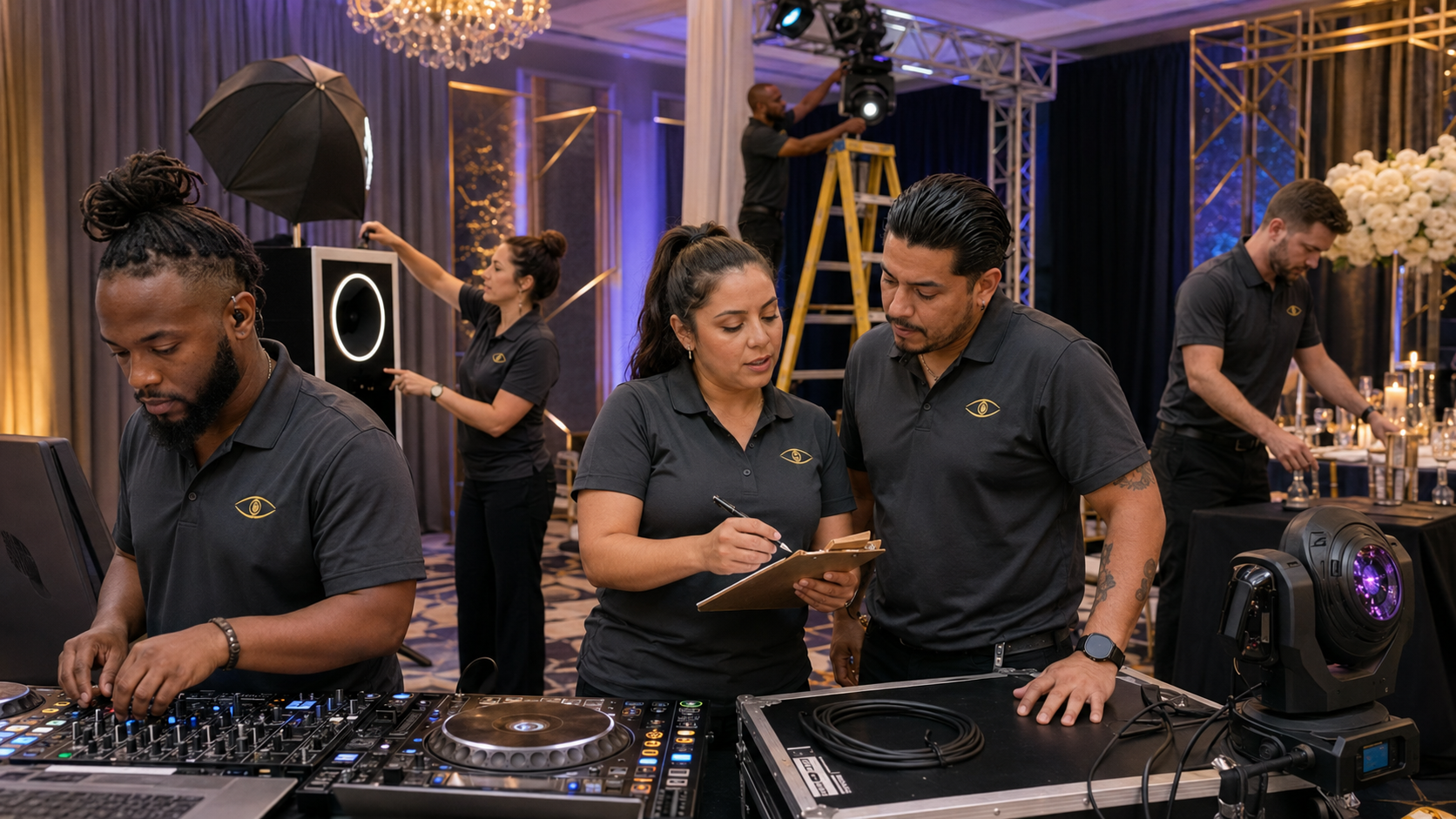 A diverse entertainment crew preparing DJ, lighting, and photo booth equipment